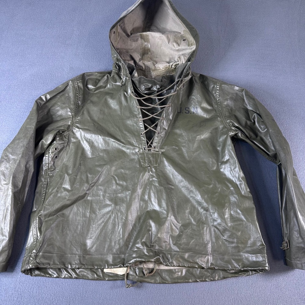 Vintage US Navy USN Rubberized Deck Parka Lace Up Wet Weather Anorak Olive Drab